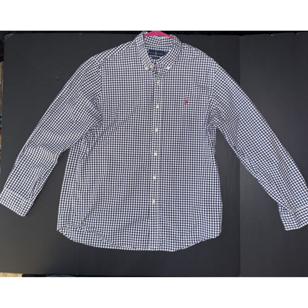 Men's XL Ralph Lauren Classic Fit L Blue White Check Long Sleeve Button-Up Shirt
